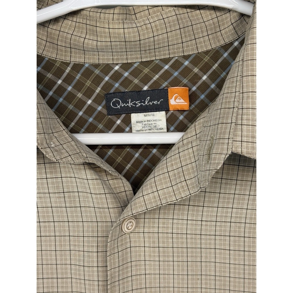 Quiksilver Men's Waterman Tan Micro Windowpane Short Sleeve Button Up Size Med‎ - Picture 2 of 8